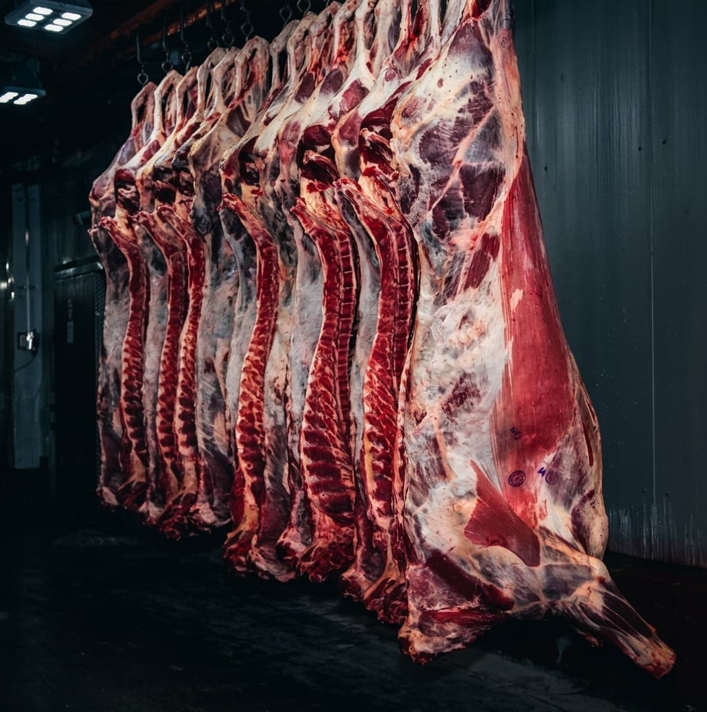 Media res de novillito colgada en frigorífico